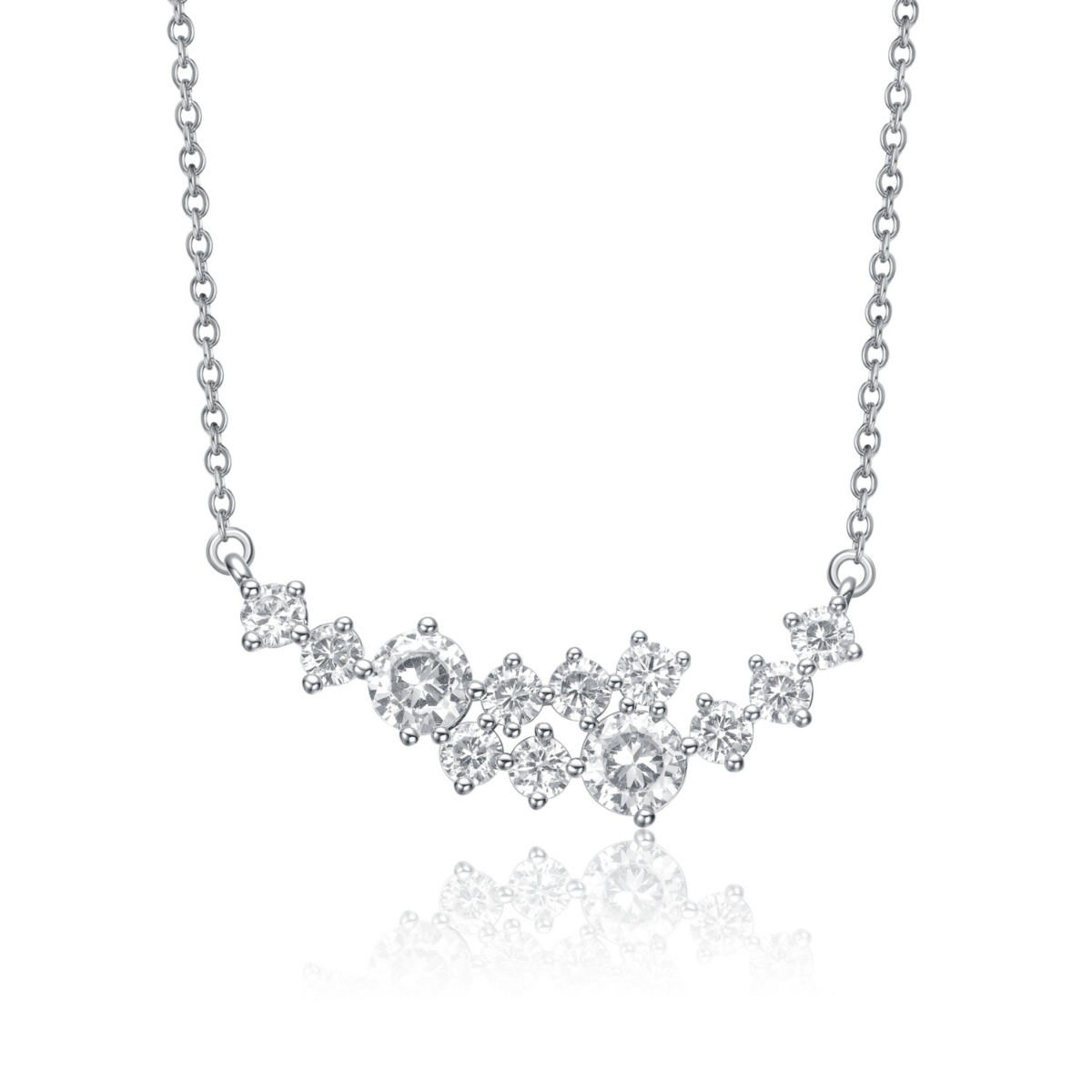 Sterling Silver White Gold Plated with Clear Moissanite Graduated Cluster Necklace - White