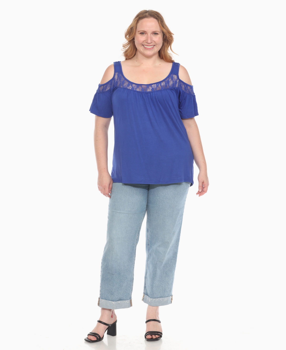 White Mark Plus Size Cold Shoulder Lace Trim Knit Top