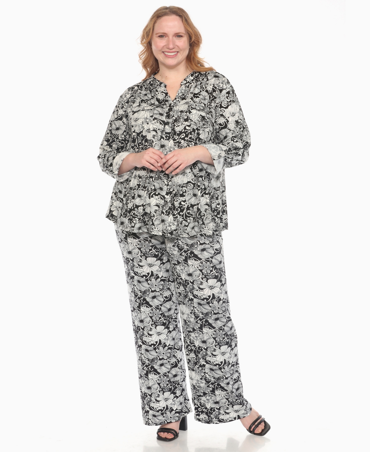 WHITE MARK PLUS SIZE 2-PIECE FLORAL PRINT TUNIC TOP AND PANTS SET 