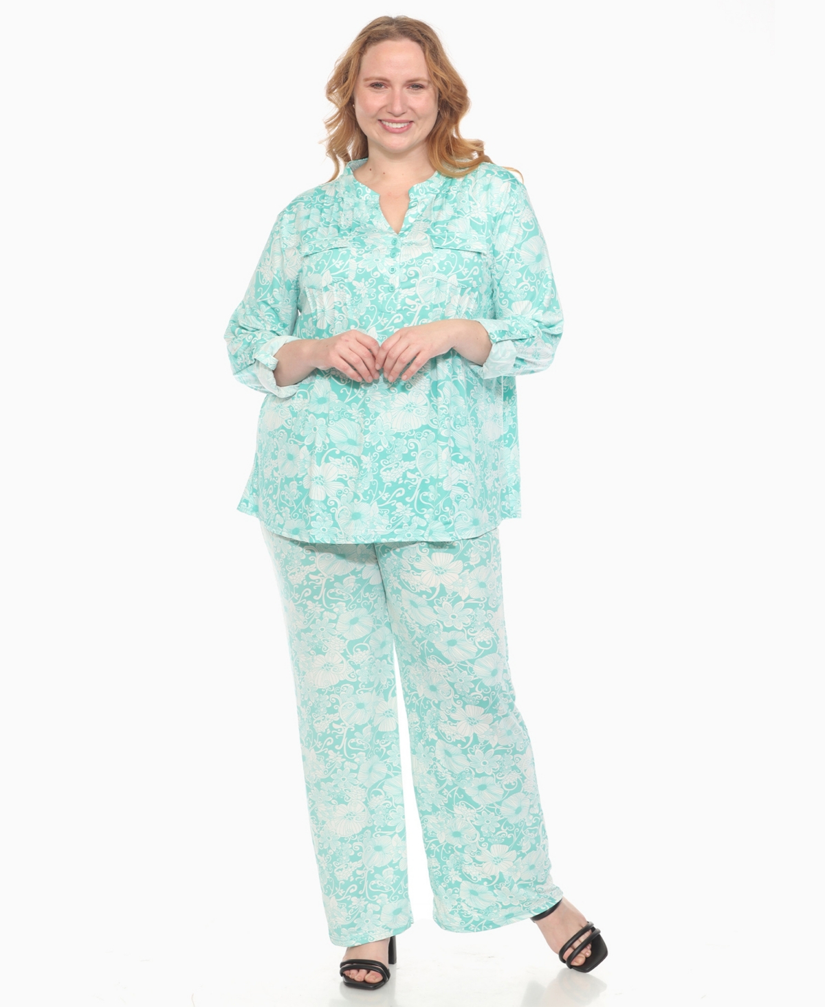 WHITE MARK PLUS SIZE 2-PIECE FLORAL PRINT TUNIC TOP AND PANTS SET 