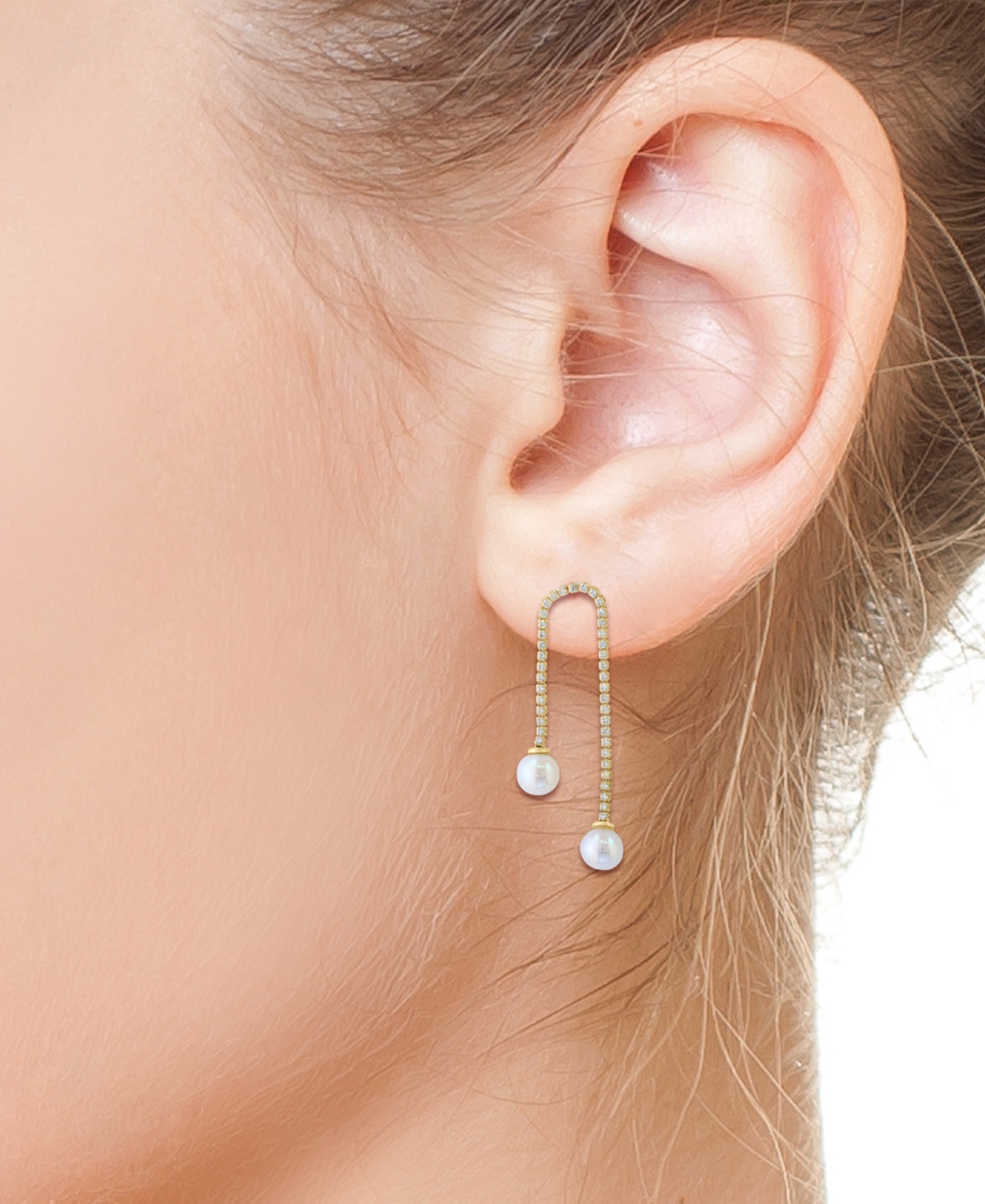 Effy Collection Effy Cultured Freshwater Pearl (7mm) & White Zircon (1-1/6 Ct. T.w.) Chain Drop Earrings In 14k Gold In Gold
