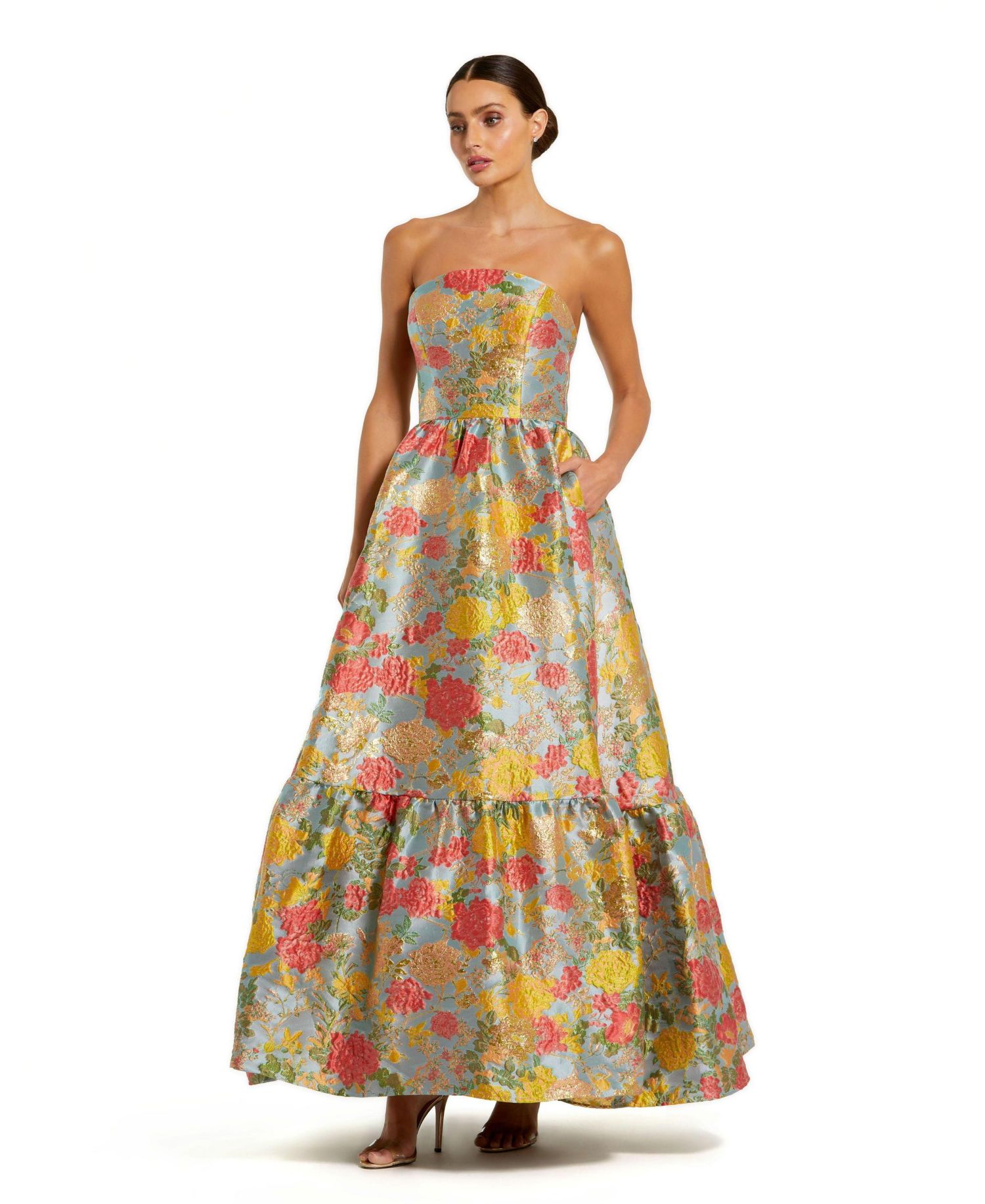 Women's Strapless Brocade Floral Gown With Ruffle Hem