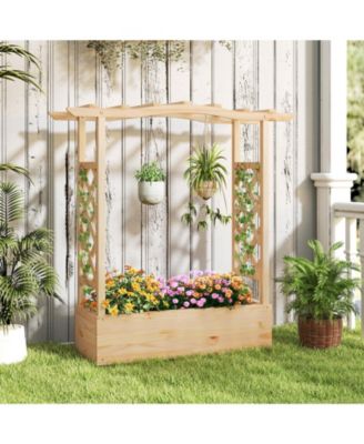 Wooden Raised Garden Bed Planter Box with Trellis and Hanging Roof