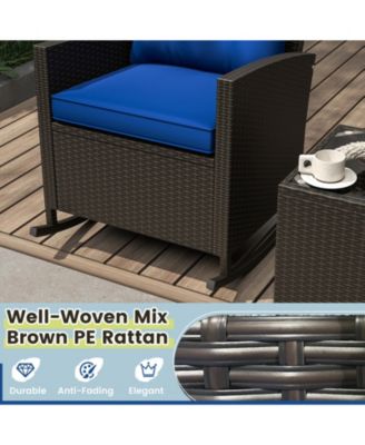 3-Piece Patio Rattan Roker Chairs with Tempered Glass Table and Soft Cushions