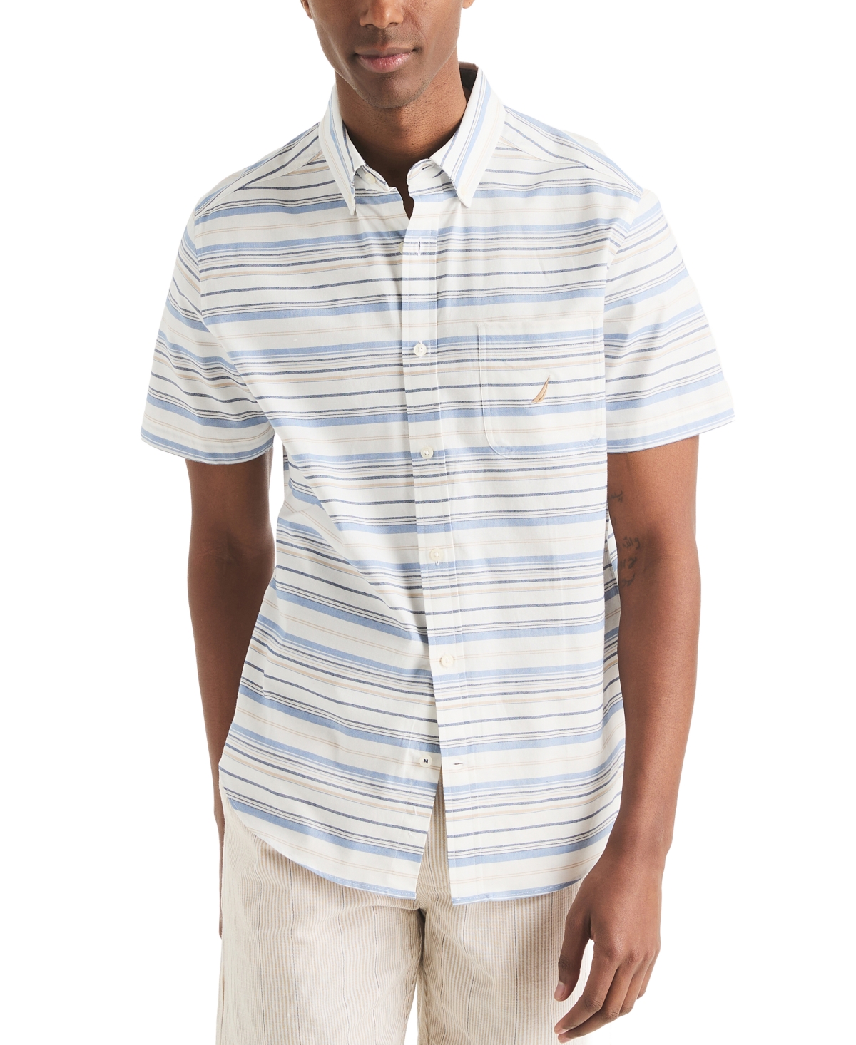Men's Short Sleeve Striped Button-Down Oxford Shirt - Sail White