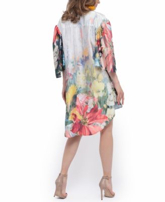 Women's Belted Floral Print Butterfly Sleeve Hi-Lo Charmeuse Dress