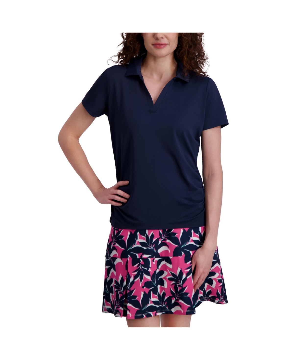 Women's Side Ruched Y-neck Short Sleeve Polo - Persimmon