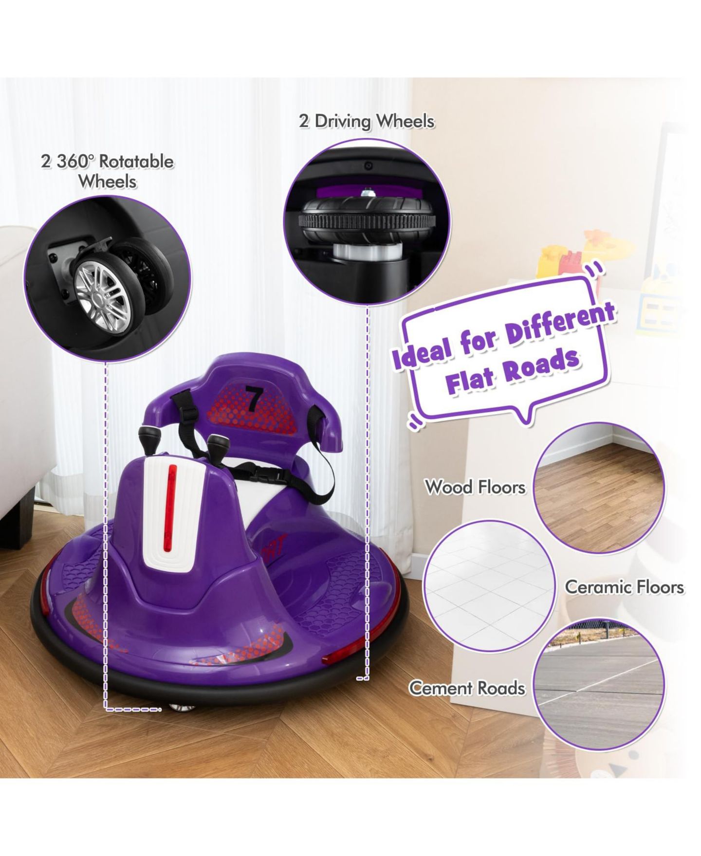 Детская игрушка Mecale 12V Remote Control Bumper Car, 66 lbs Capacity, Ages 3-7 Years, цвет: Фиолетовый — фото 6