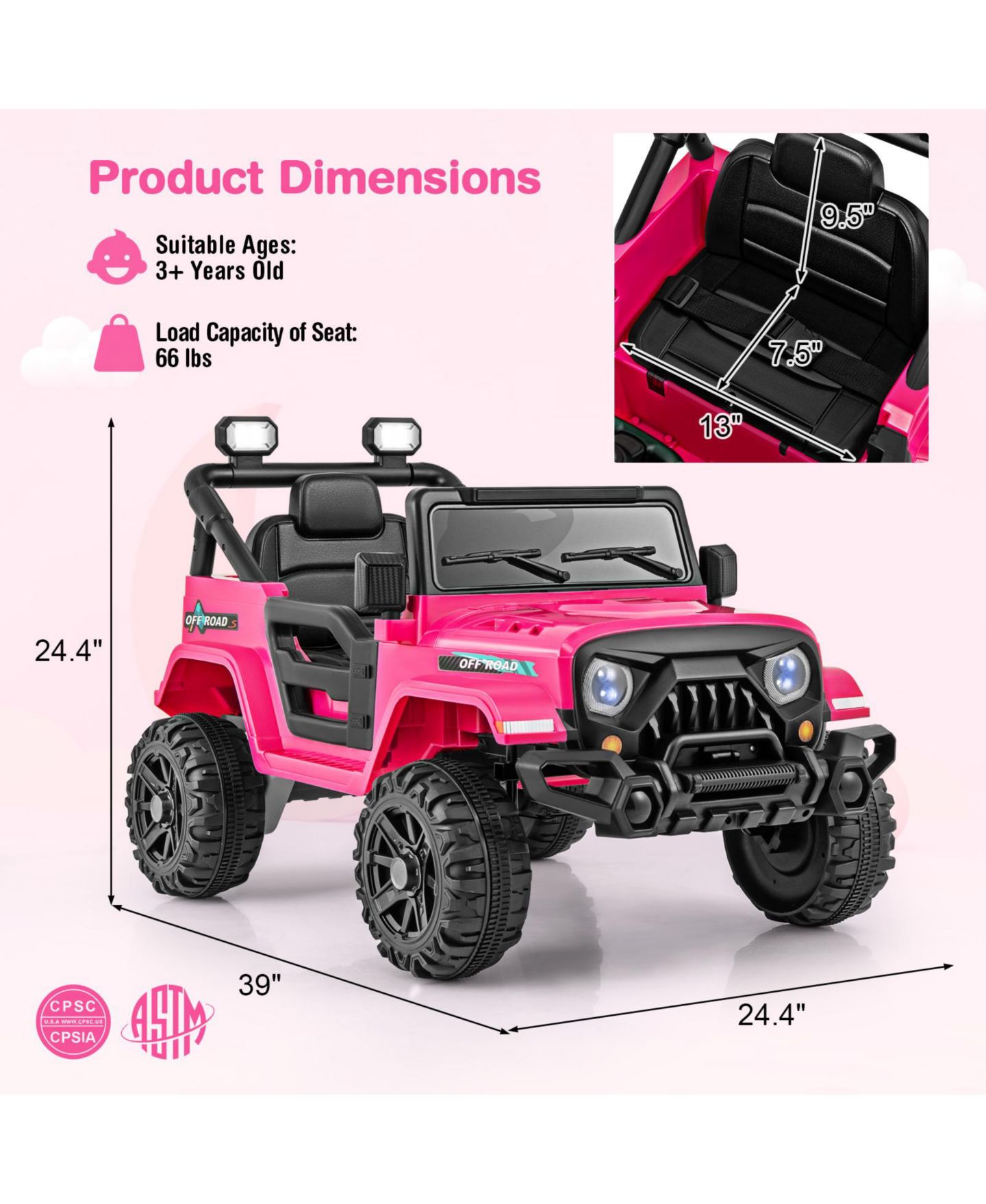 Детская игрушка Mecale 12V Kids Ride-On Truck with Remote Control, 39"L x 24.4"W x 24.4"H, Ages 3+, цвет: Розовый — фото 3