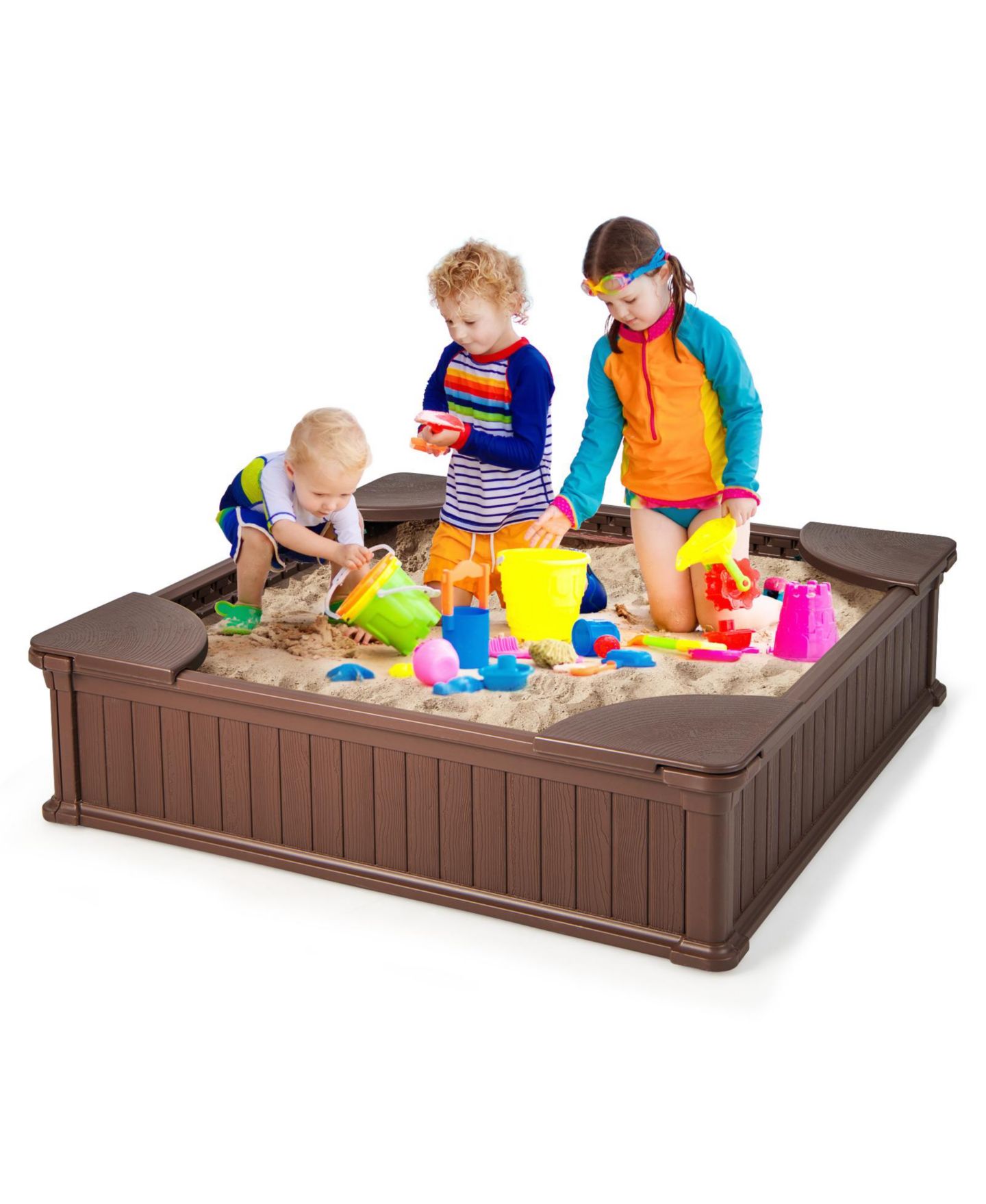 Детская игрушка Mecale Kids Outdoor Sandbox with Oxford Cover and 4 Corner Seats, цвет: Коричневый — фото 1