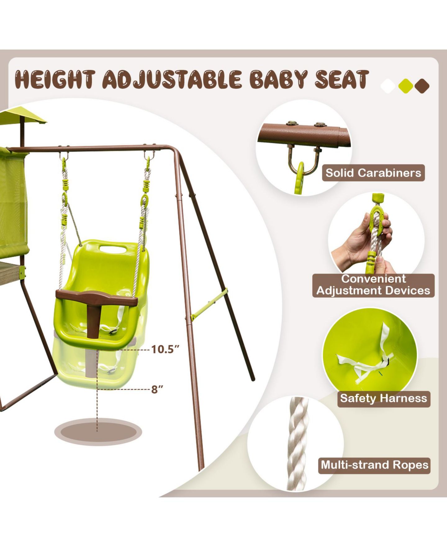 Детские игрушки Mecale 4-in-1 Metal Playhouse Fort Swing Set with Height-Adjustable Baby Seat, Ages 6 Months-12 Years, цвет: Жёлтый — фото 4