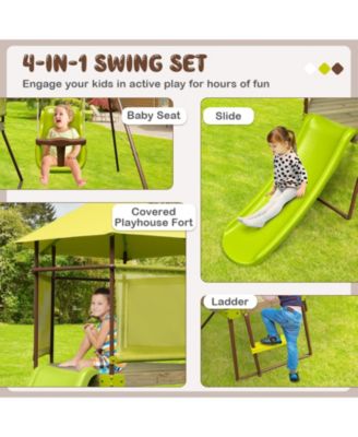 4-in-1 Swing Set with Covered Playhouse Fort and Height Adjustable Baby Seat