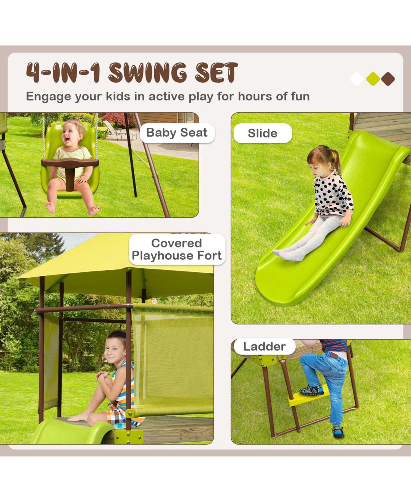 Детские игрушки Mecale 4-in-1 Metal Playhouse Fort Swing Set with Height-Adjustable Baby Seat, Ages 6 Months-12 Years, цвет: Жёлтый — фото 8