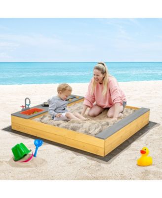 Wooden Sandbox Kids Sand Pit with Kitchen Playset Accessories for 3-8 Years Old