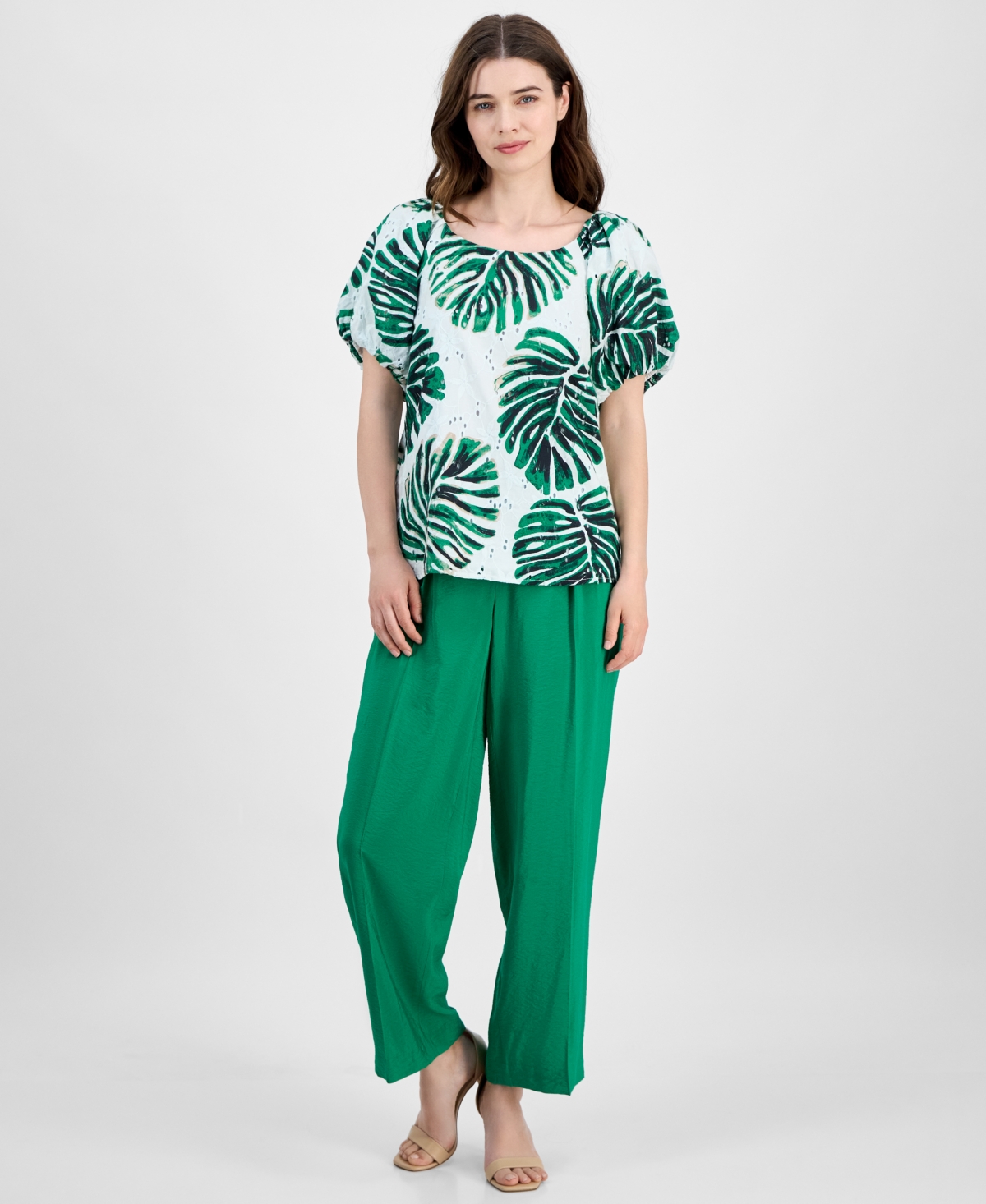 Anne Klein Womens Printed Eyelet Embroidered Cotton Blouse Pull On Wide Leg Ankle Pants In Green