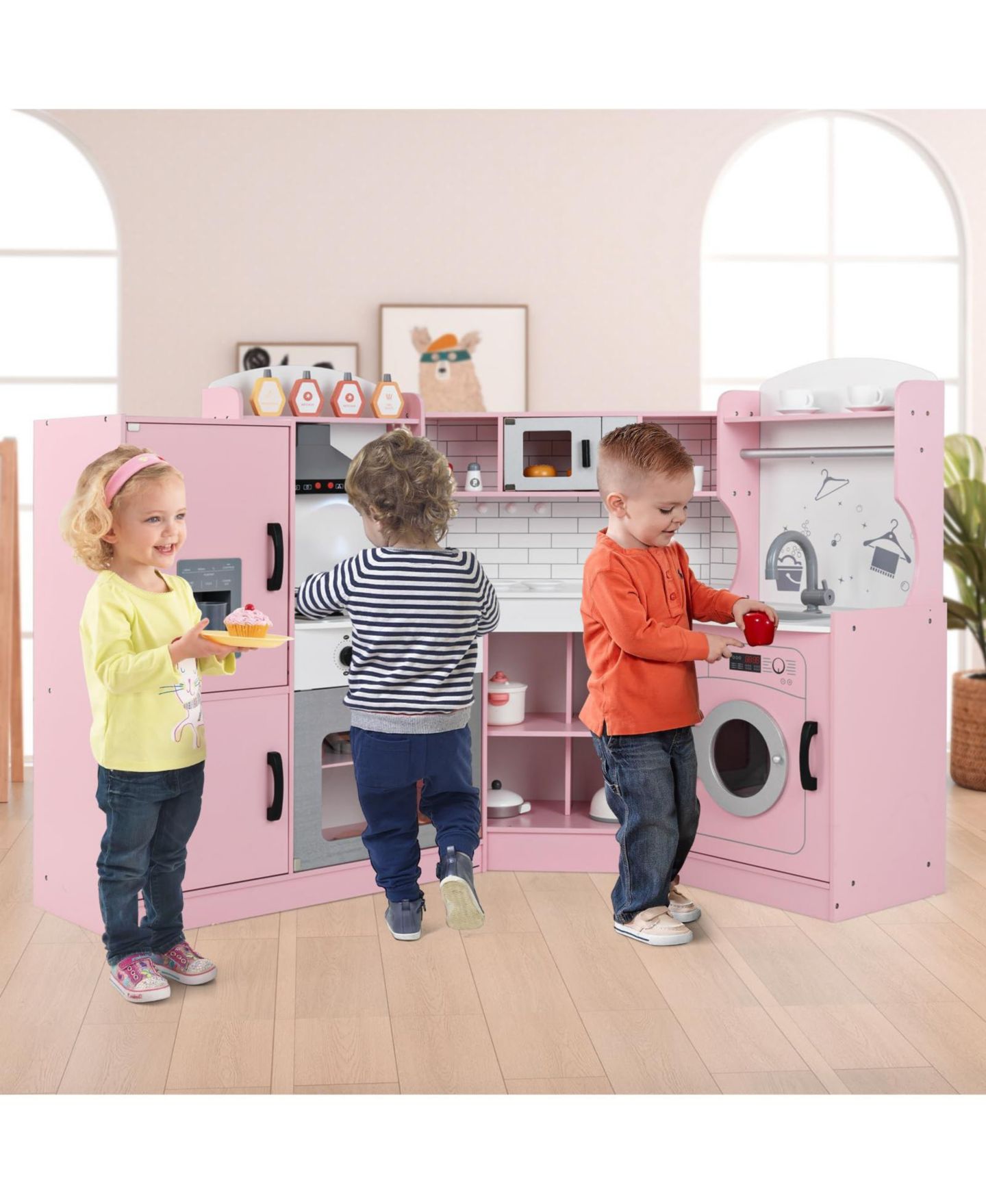Детская игрушка Mecale Corner Wooden Play Kitchen, Ages 3+, цвет: Розовый — фото 8