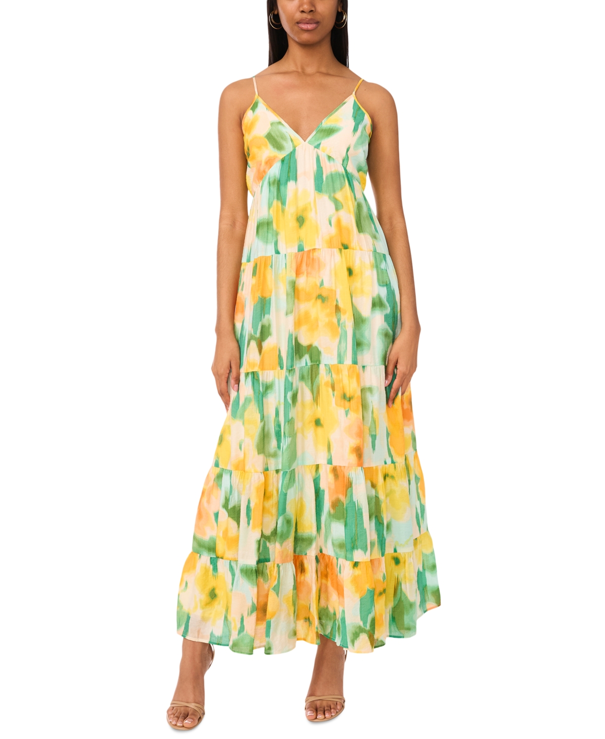 Women's Printed Sleeveless Tiered Maxi Dress - Beach Glass