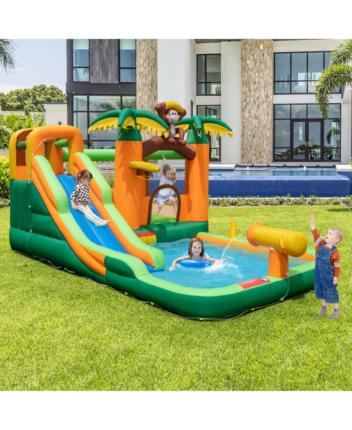 Monkey-Themed Inflatable Bounce House with Slide without Blower