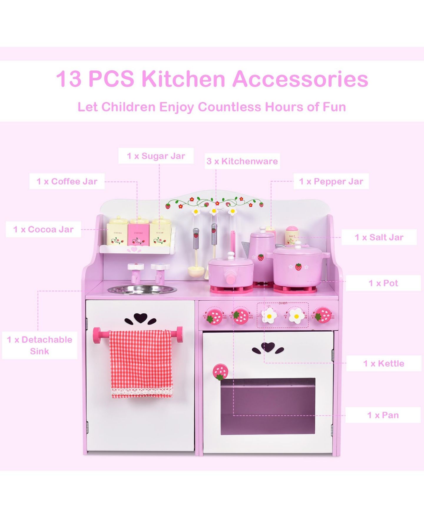 Детский игровой набор Mecale Strawberry Wooden Play Kitchen Playset, Ages 3+, цвет: Розовый — фото 8