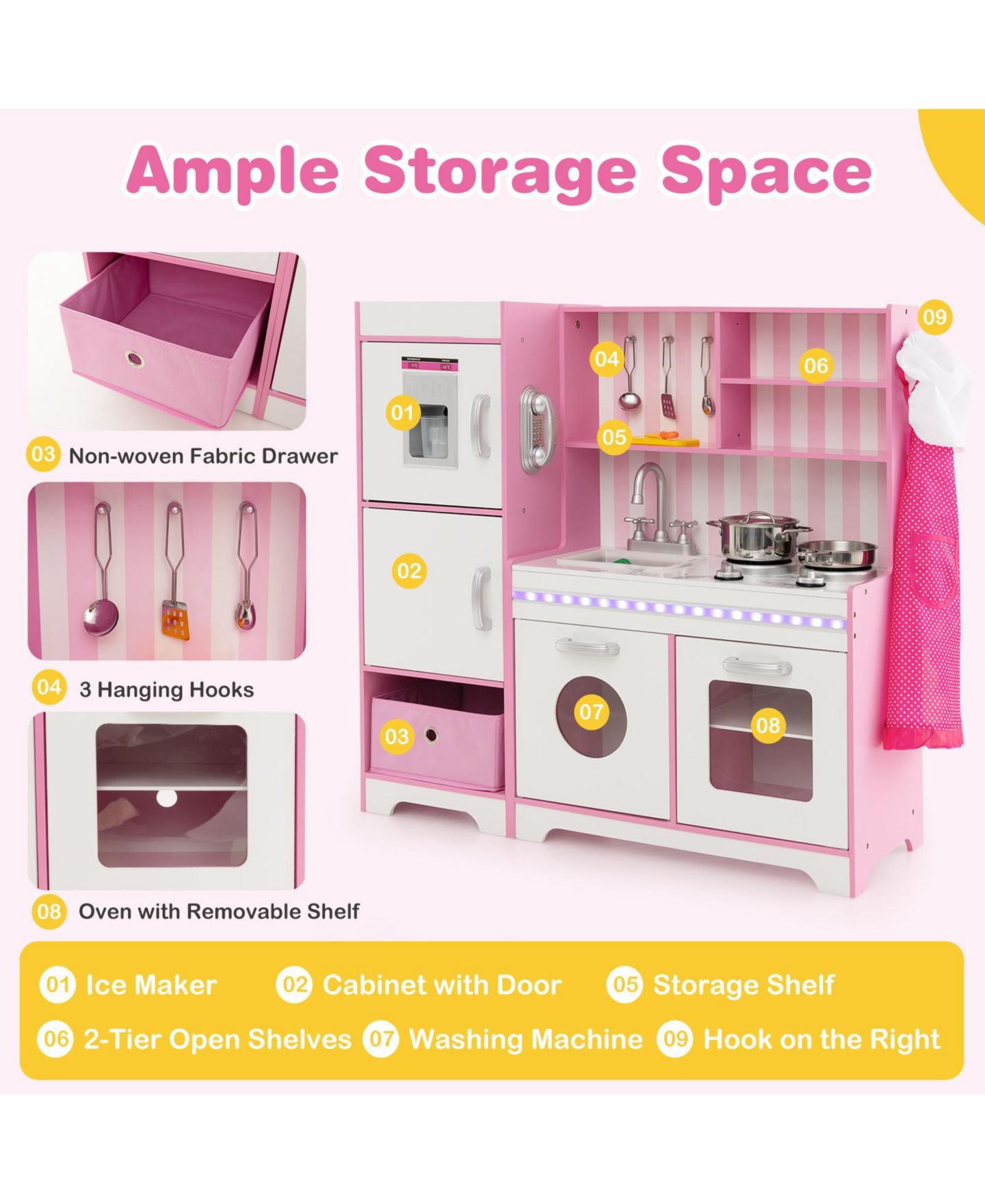 Детский игровой набор Mecale Adjustable LED Lights 16-Piece Wooden Kitchen Playset, Ages 3+, цвет: Розовый — фото 5