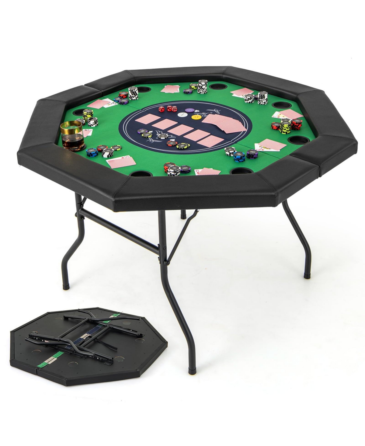 48 Inches Foldable Poker Table with Padded Rails and Cup Holders - Green