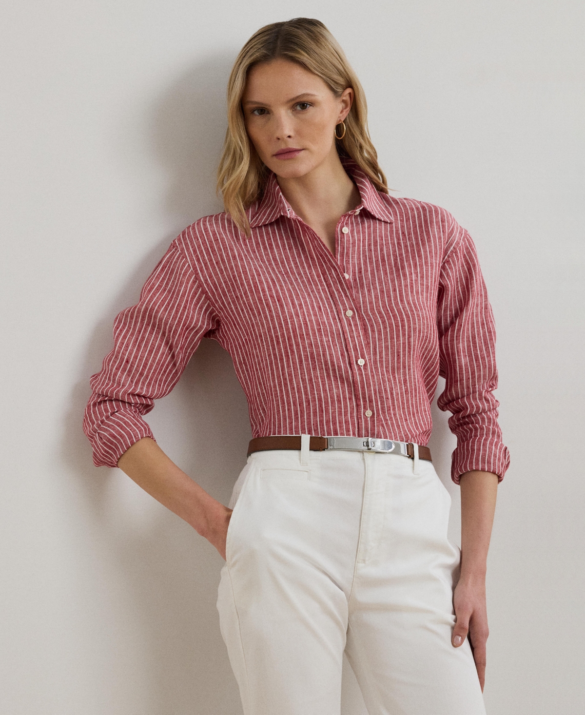 Women's Relaxed-Fit Striped Linen Shirt - Light Red/White