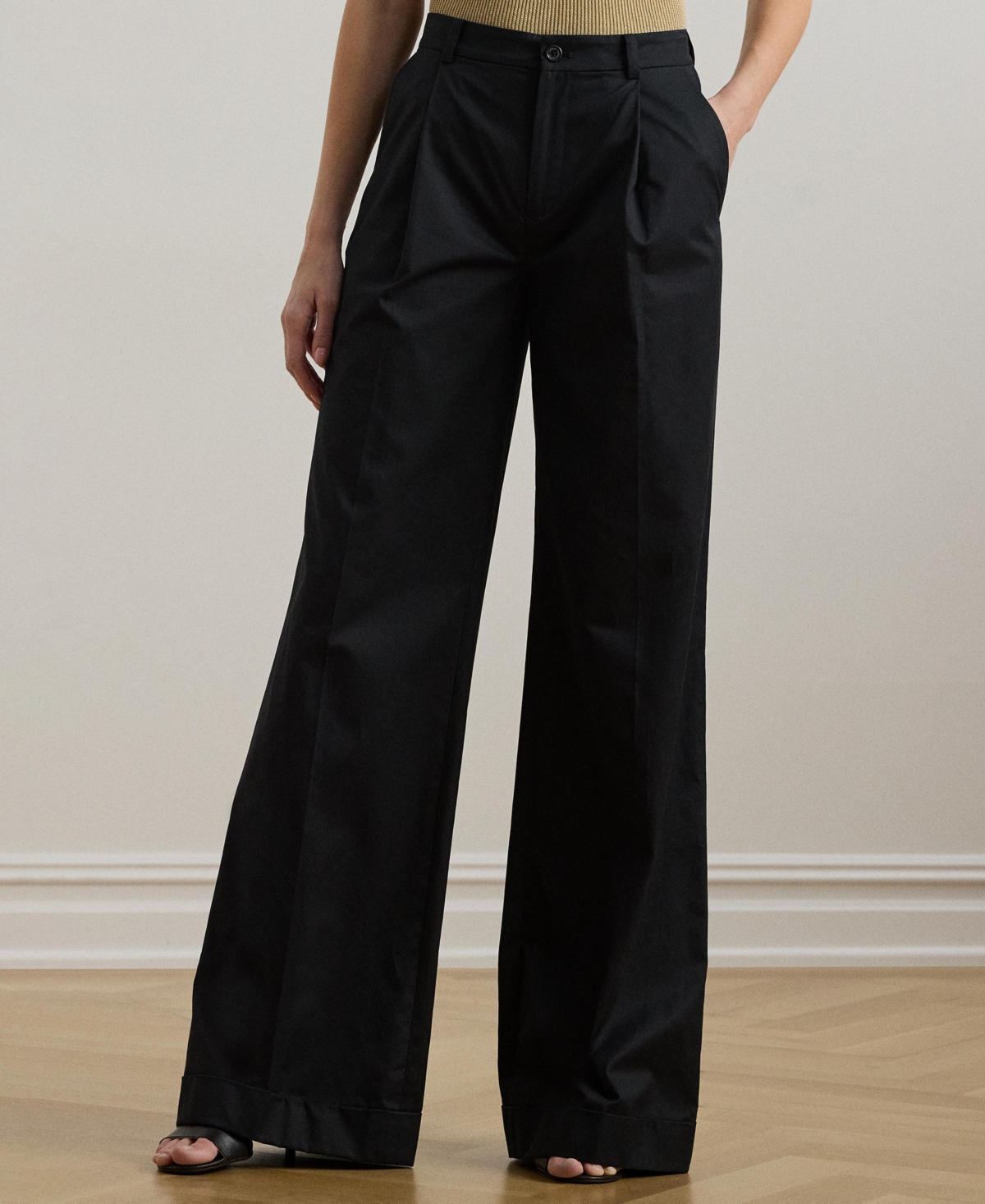 Ralph Lauren Women's Pleated Cotton Twill Wide-leg Pants In Black