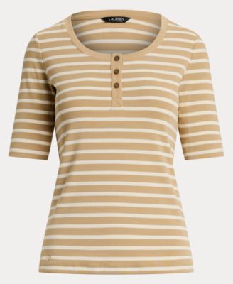 Women's Striped Elbow-Sleeve Henley Top