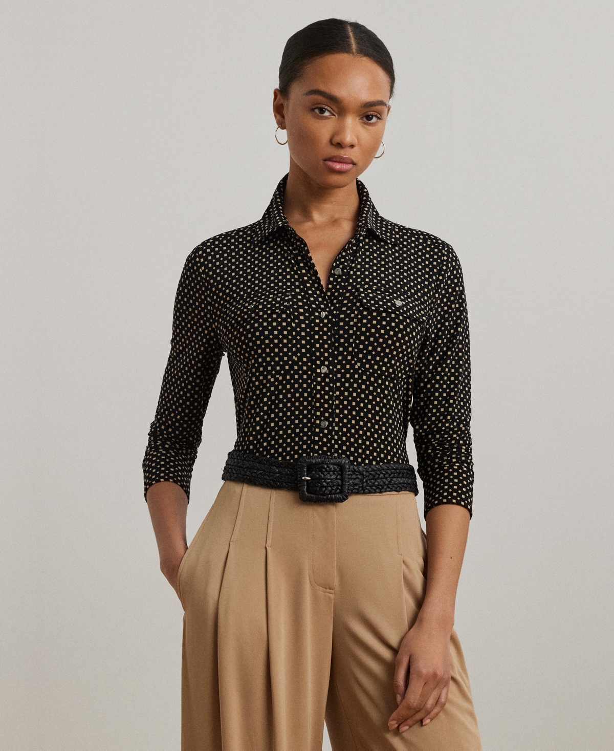 Women's Slim-Fit Geo-Print Jersey Shirt - Black Tan