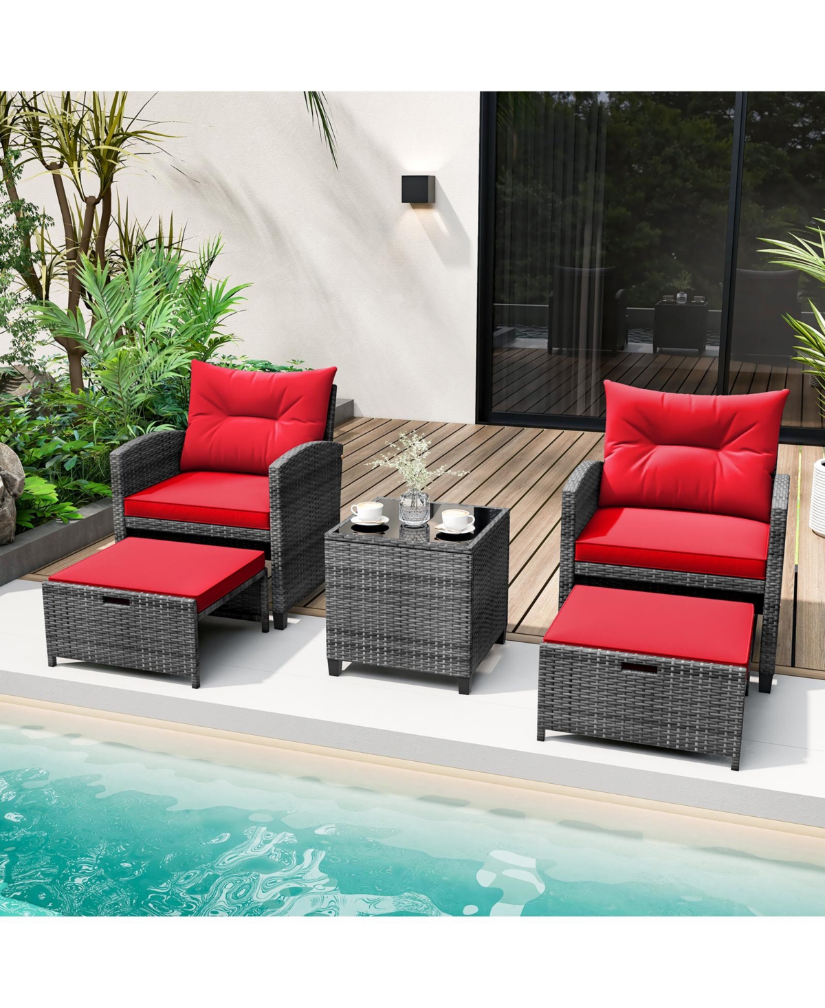5 Piece Patio Rattan Furniture with 2 Ottomans and Tempered Glass Coffee Table-Red