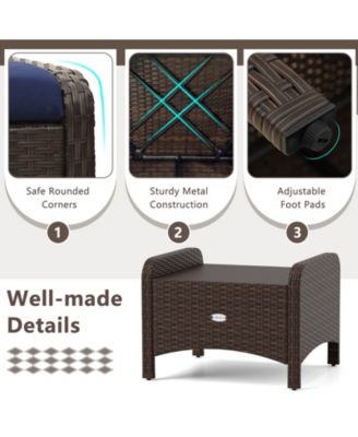 2 Pieces Outdoor Patio PE Wicker Ottomans with Removable Cushions-Navy