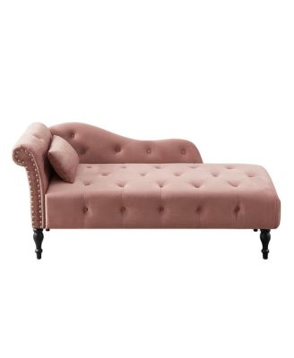 60 Inch Velvet Tufted Chaise Lounge with Nailhead Trim Solid Wood Legs and Pillow for Living Room Bedroom Reading or Relaxing