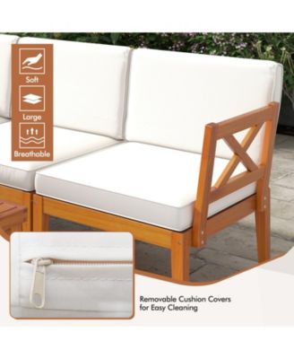 6 Pieces Acacia Wood Patio Furniture Set with Cushions and 2-Tier Coffee Table-White