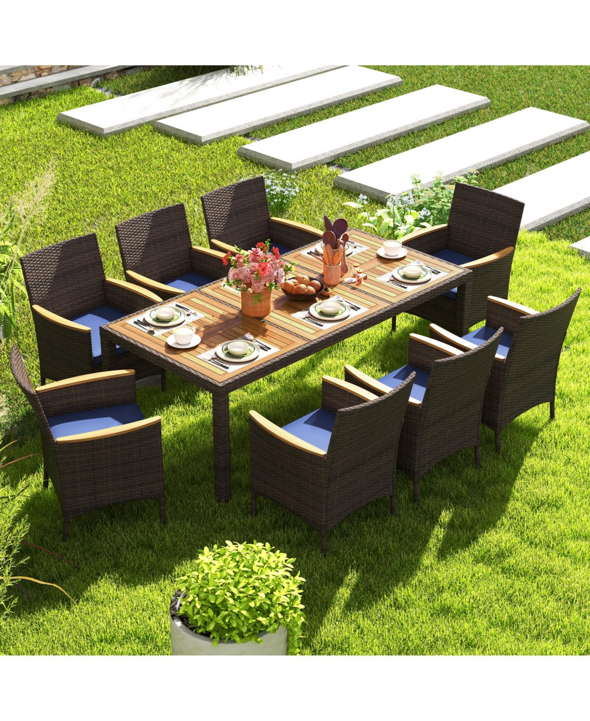 9 Pieces Outdoor Wicker Dining Set, Patio Dining Furniture Set with Acacia Wood Table and 8 Armchairs,Outdoor Table and Chairs Set with 2” Umbr