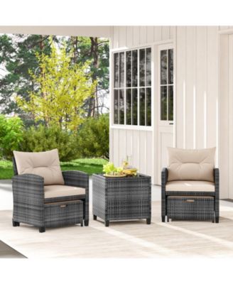 5 Piece Patio Rattan Furniture with 2 Ottomans and Tempered Glass Coffee Table