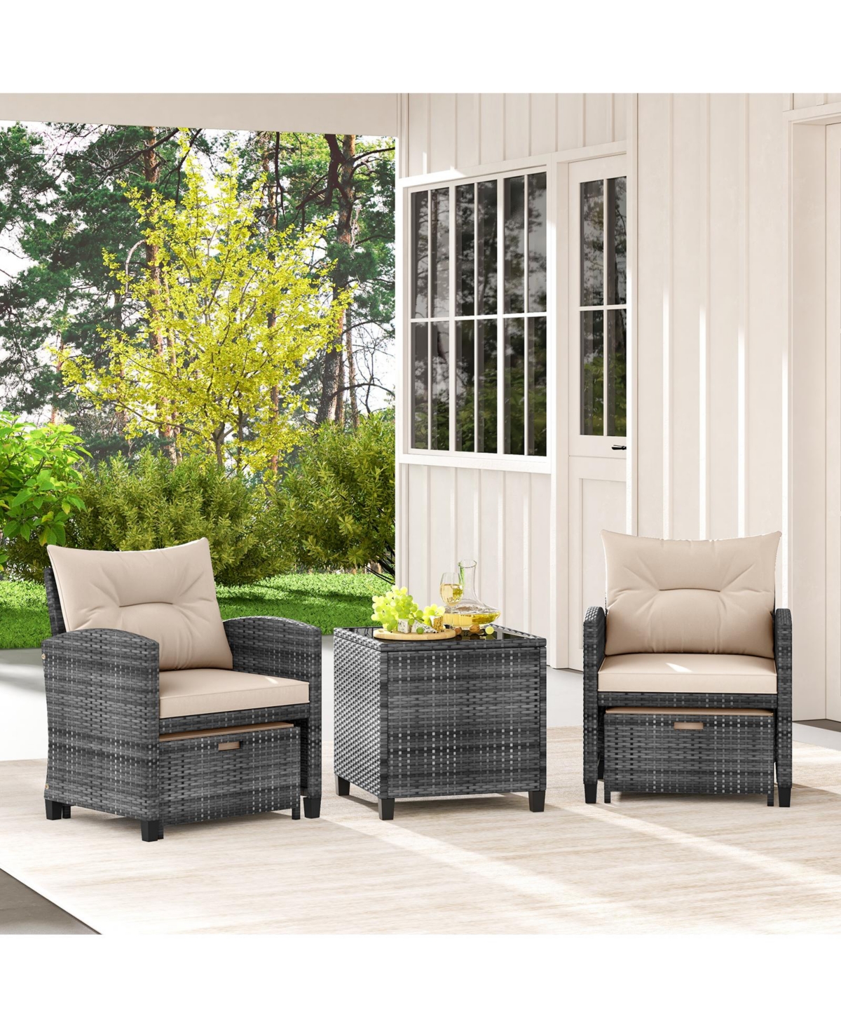 5 Piece Patio Rattan Furniture with 2 Ottomans and Tempered Glass Coffee Table