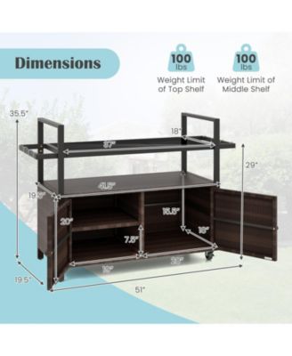 Outdoor Bar Cart Wicker Buffet Serving Cart with Cabinet and 8 Hooks