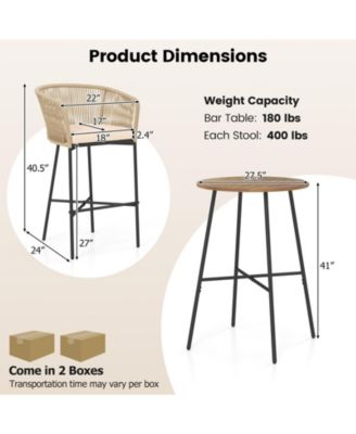 3 Pieces Rope Woven Patio Bar Set with Soft Cushions and Acacia Wood Tabletop