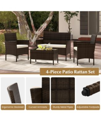 4 Piece Patio Rattan Conversation Set with Cozy Seat Cushions-Beige