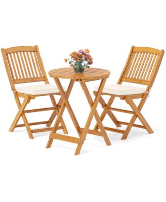 3 Pieces Acacia Wood Patio Folding Bistro Set with Soft Cushions-Beige