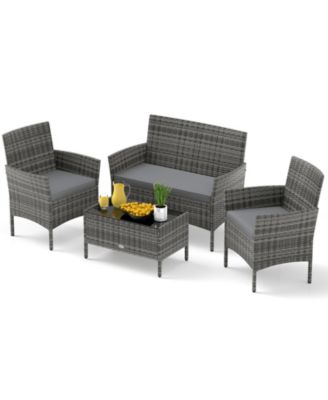 4 Piece Patio Rattan Conversation Set with Cozy Seat Cushions-Light Gray