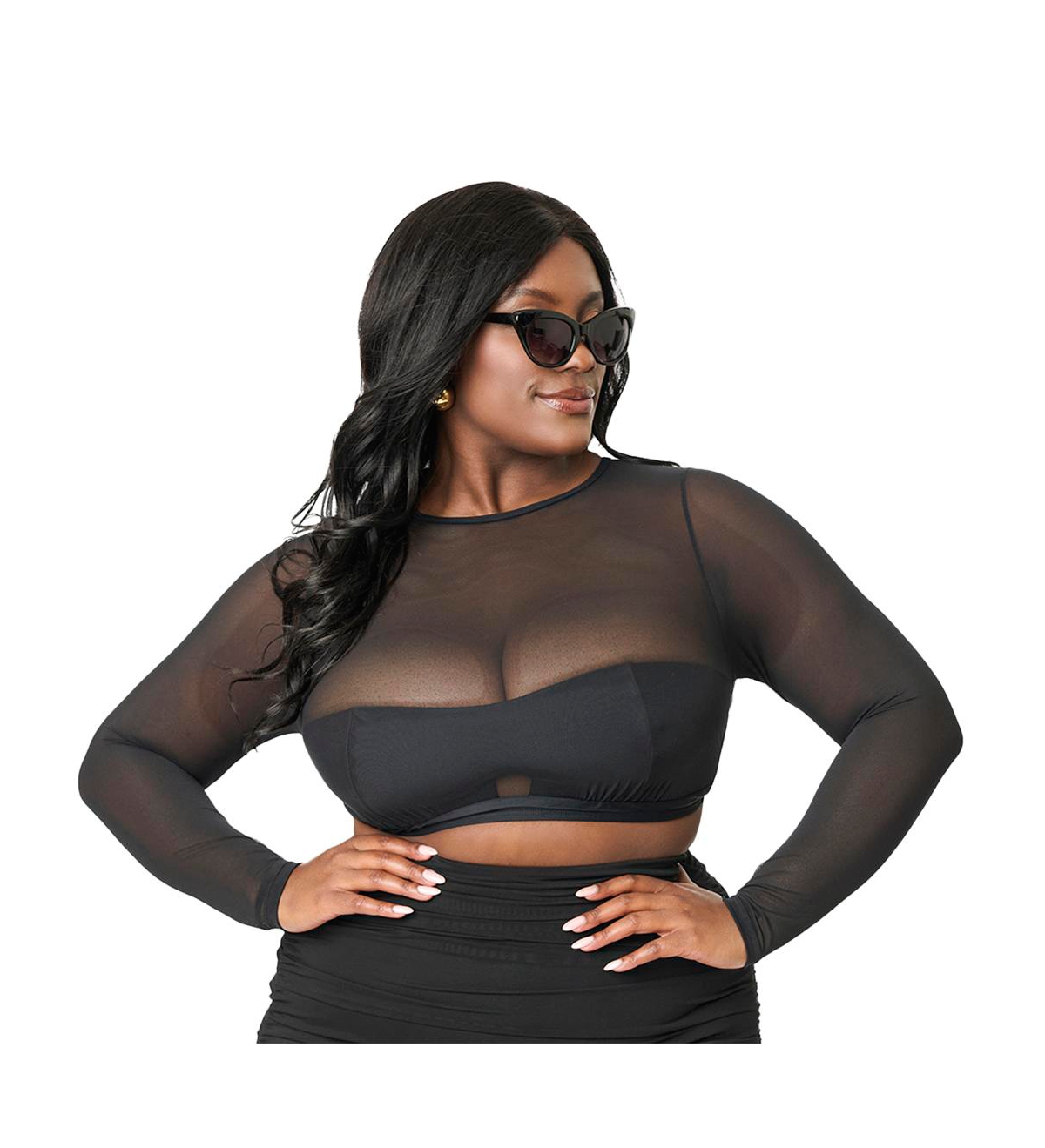 Plus Size Mesh Long Sleeve Swim Top - Green