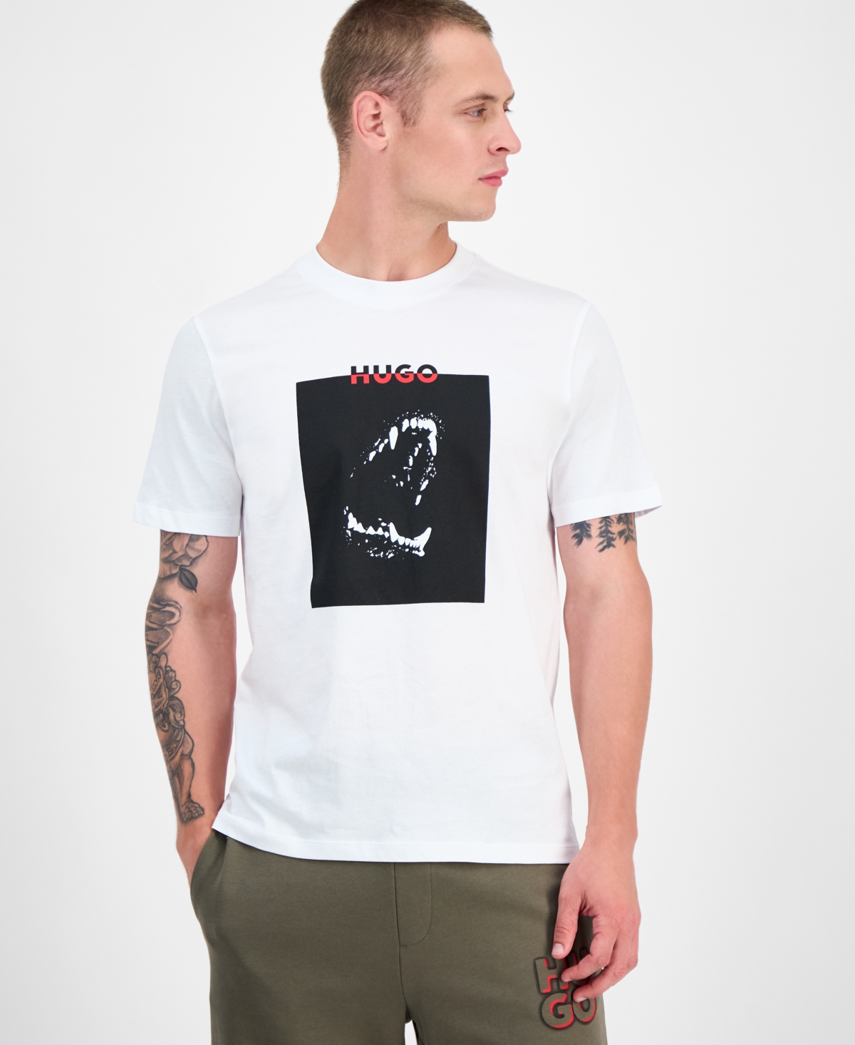Hugo by Hugo Boss Men's Dobero Short Sleeve Crewneck Dog Fangs Graphic T-Shirt - White