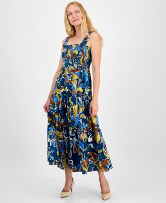 Anne Klein - Women's Printed Smocked Cotton Sleeveless Maxi Dress
