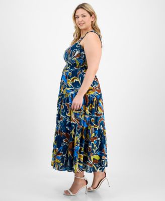 Plus Size Printed Smocked Cotton Sleeveless Maxi Dress