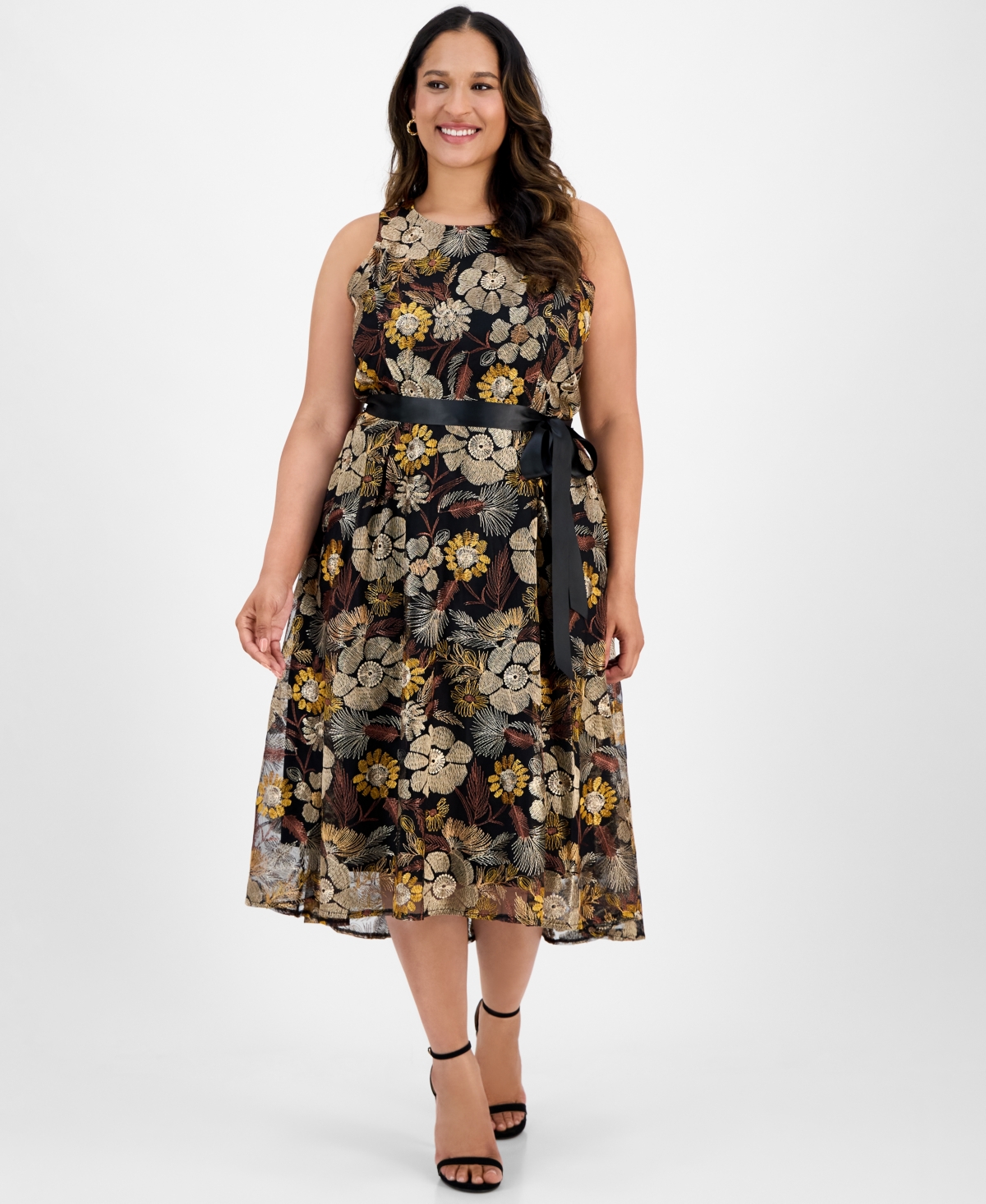 Plus Size Embroidered-Mesh Tie-Waist Dress - Brown/Gold