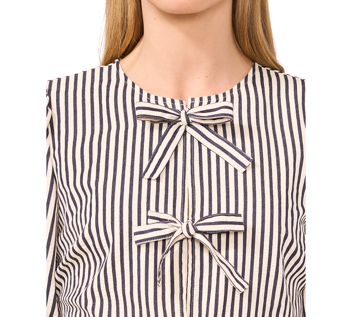 Cece Stripe Bow Front Cotton Peplum Top In Neutral