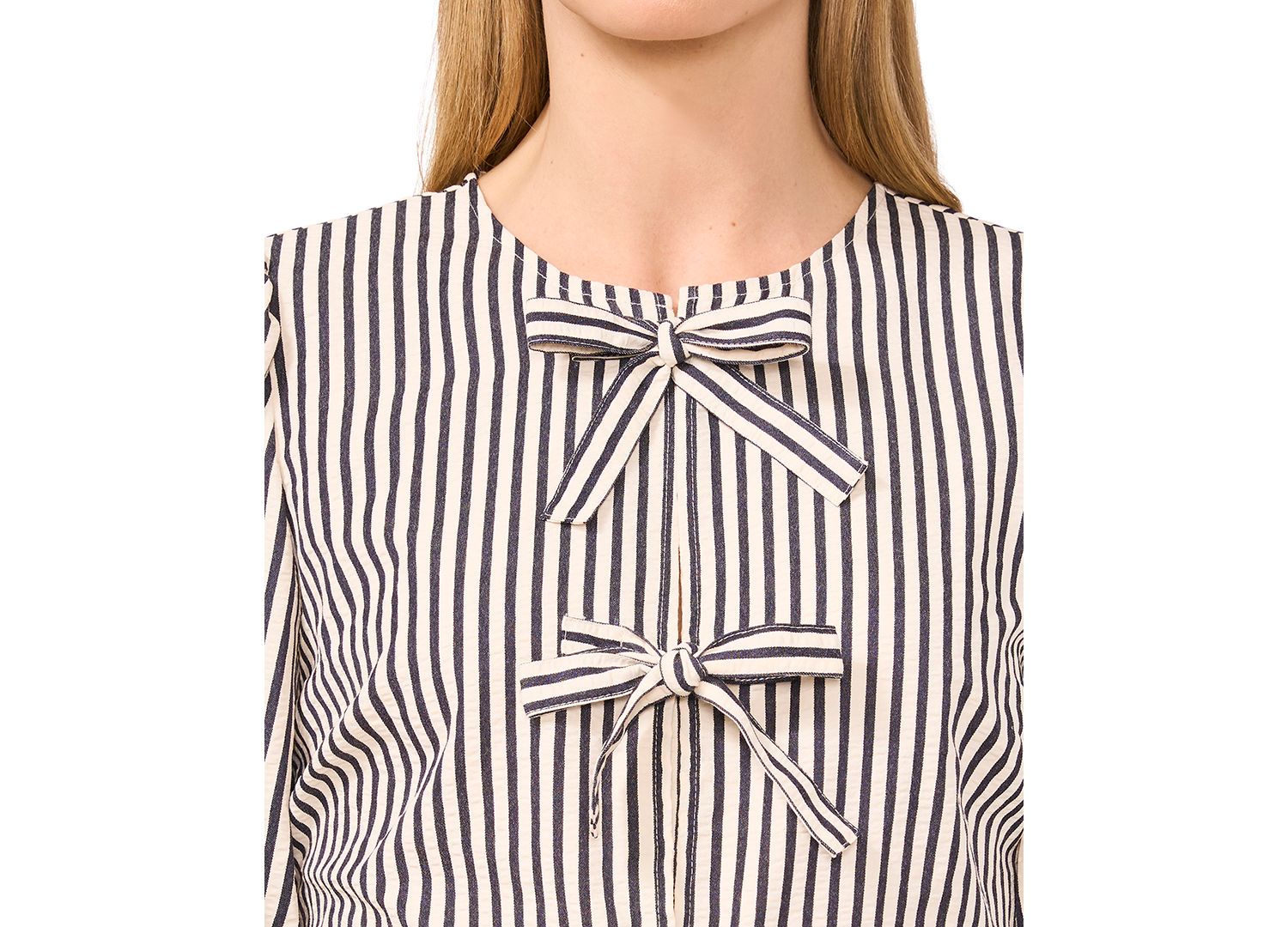 Women's Striped Puff 3/4-Sleeve Bow-Front Peplum Blouse