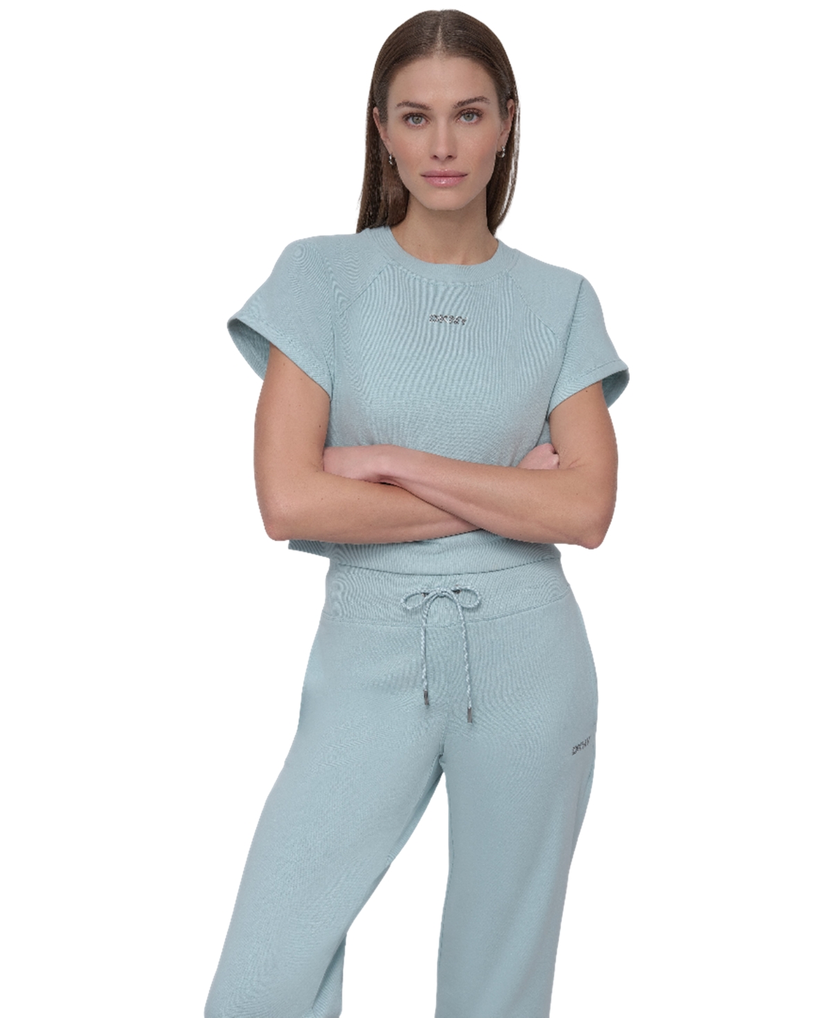 Shop Dkny Women's Mini Stud Logo Short Sleeve Cropped Top
