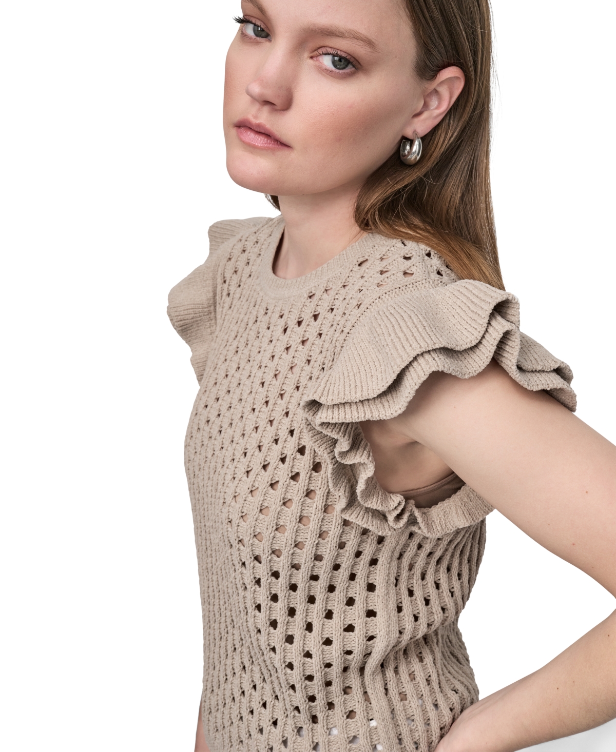 Dkny Jeans Women's Baby Chenille Pointelle Rib Flutter-sleeve Sweater In Neutral